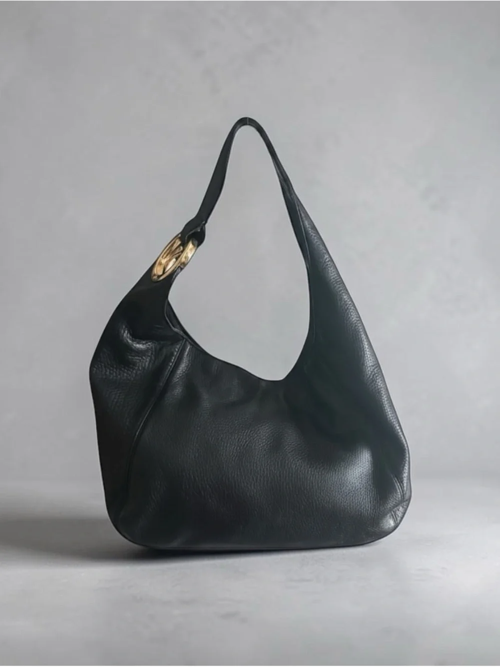 Michael Kors Black Pebbled Leather Fulton Hobo Shoulder Bag Gold Logo Purse OS